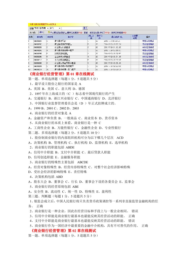 《商业银行经营管理》第01-10章在线测试