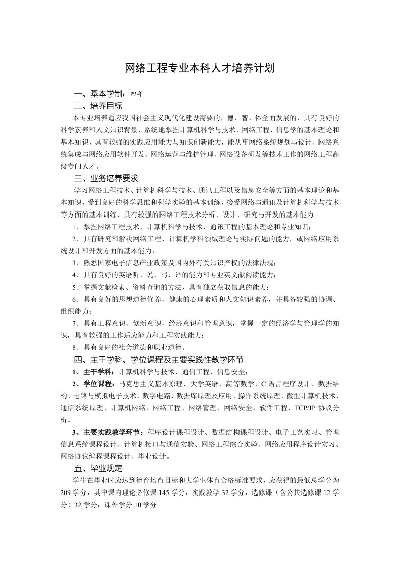 网络工程专业本科人才培养计划