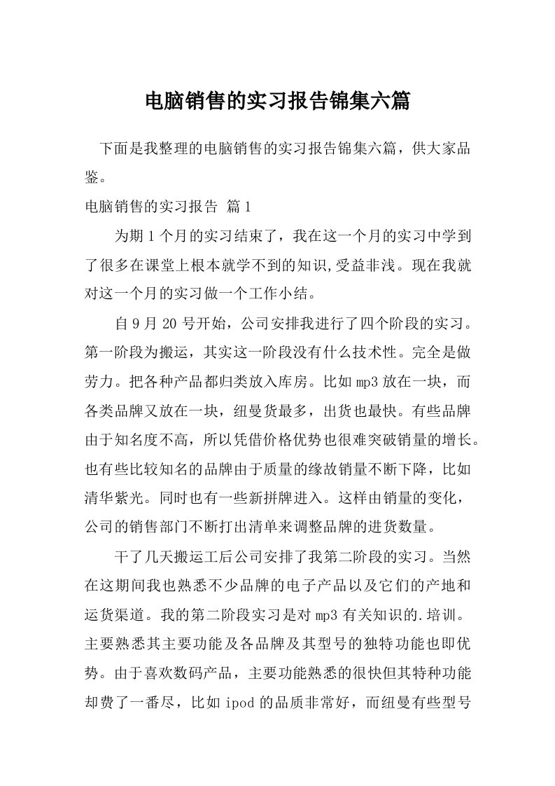 电脑销售的实习报告锦集六篇