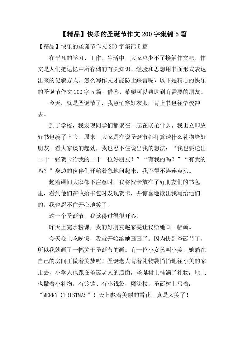 快乐的圣诞节作文200字集锦5篇