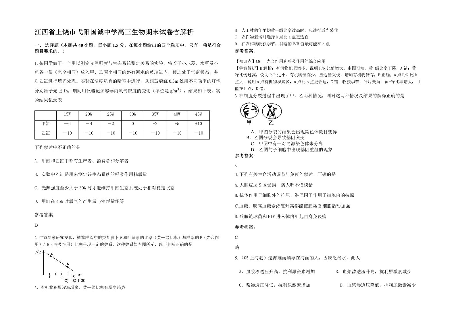 江西省上饶市弋阳国诚中学高三生物期末试卷含解析