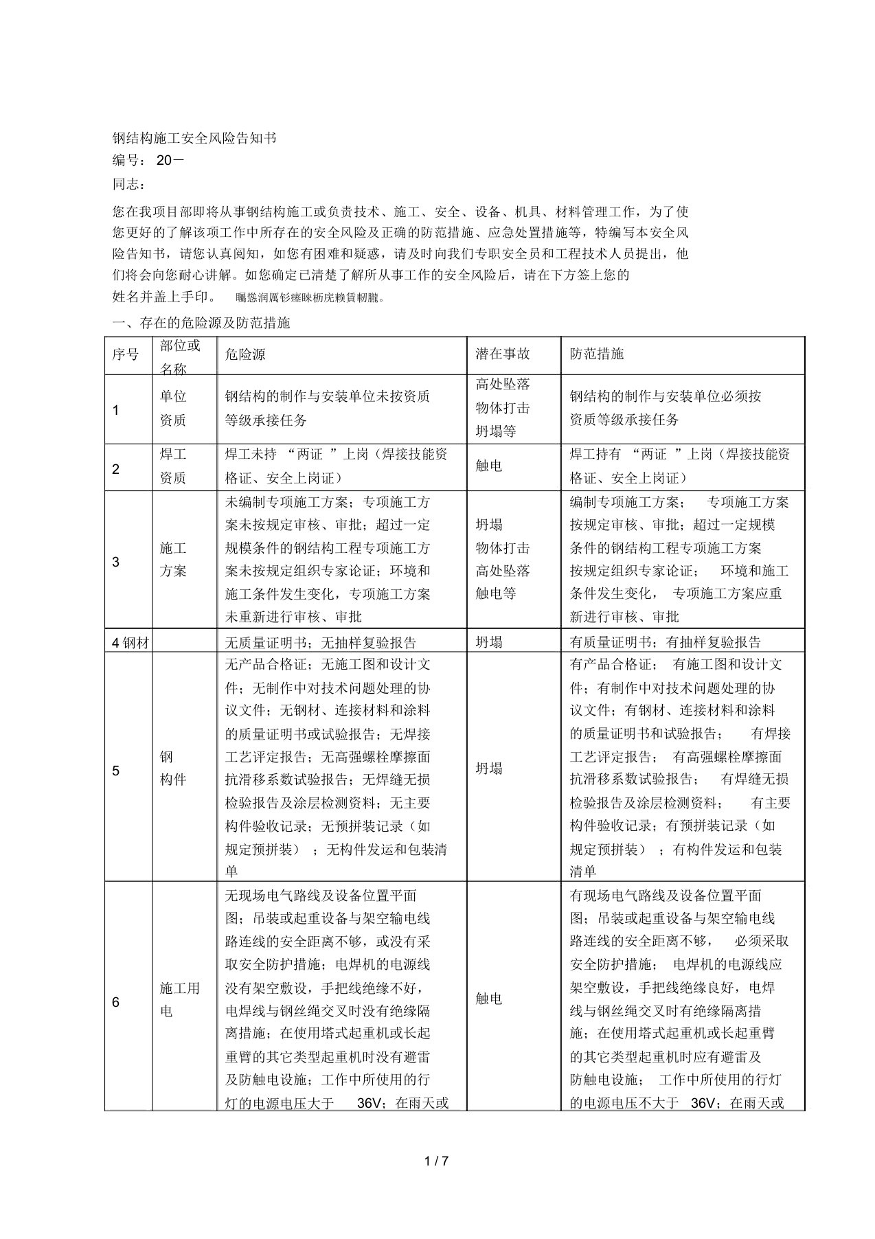 20钢结构施工安全风险告知书