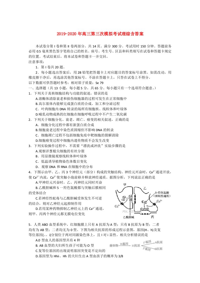 2019-2020年高三第三次模拟考试理综含答案