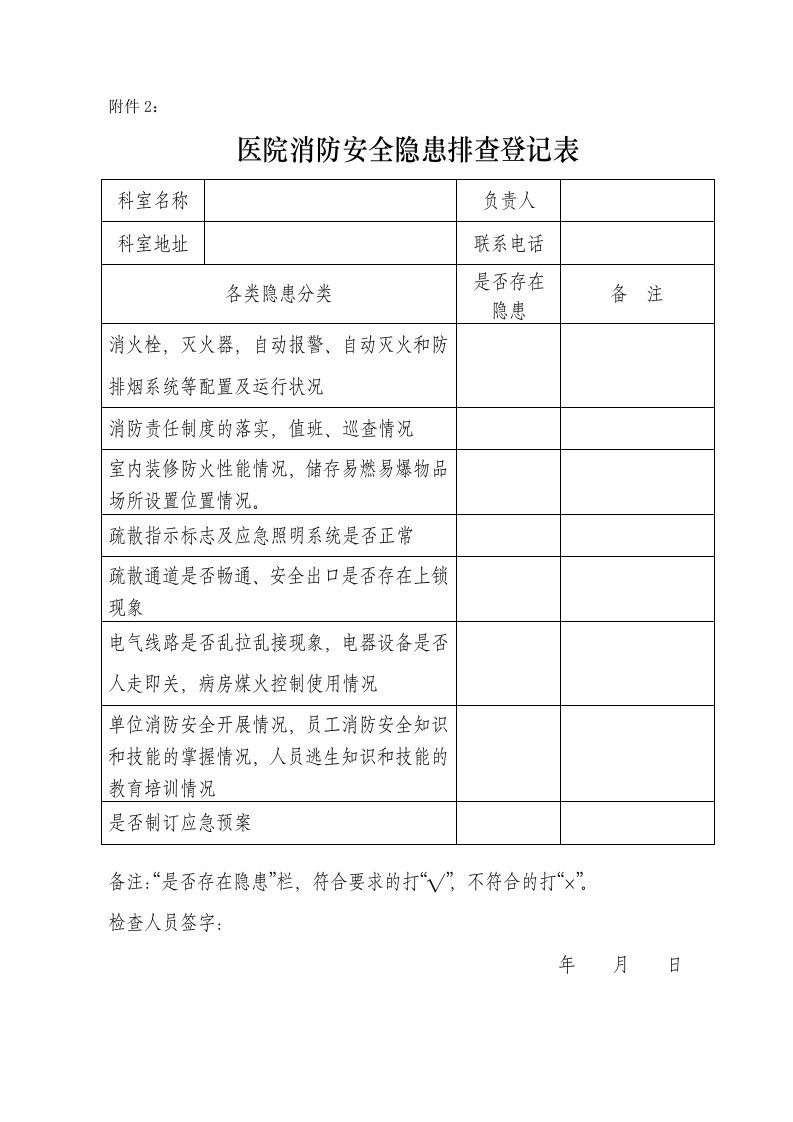 医院消防安全隐患排查登记表