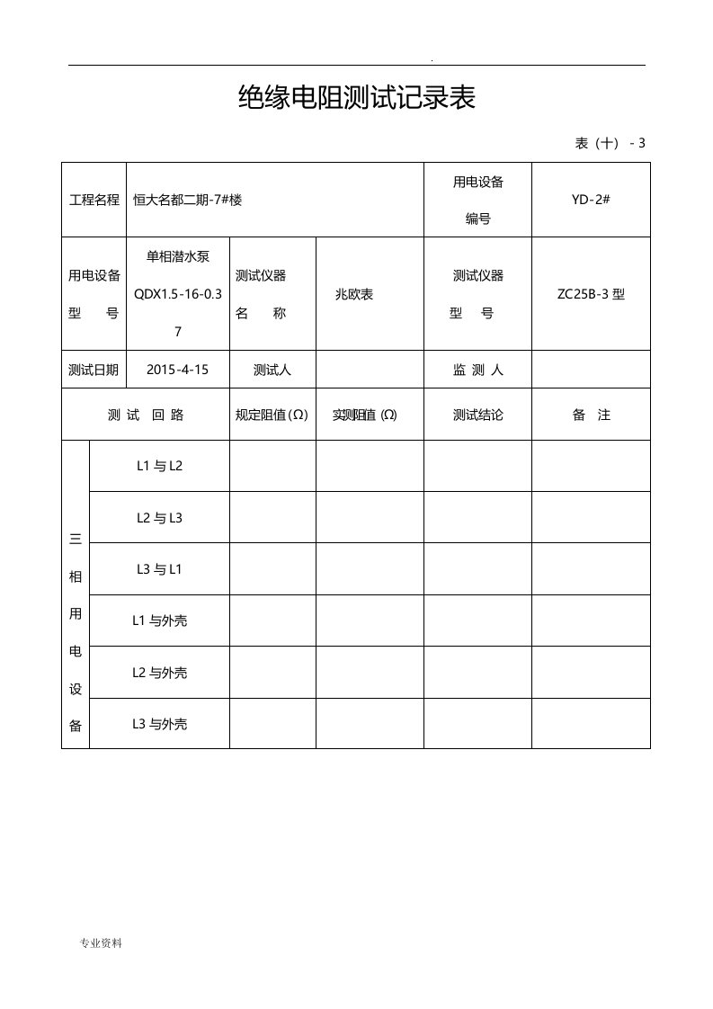 绝缘电阻测试记录文本表