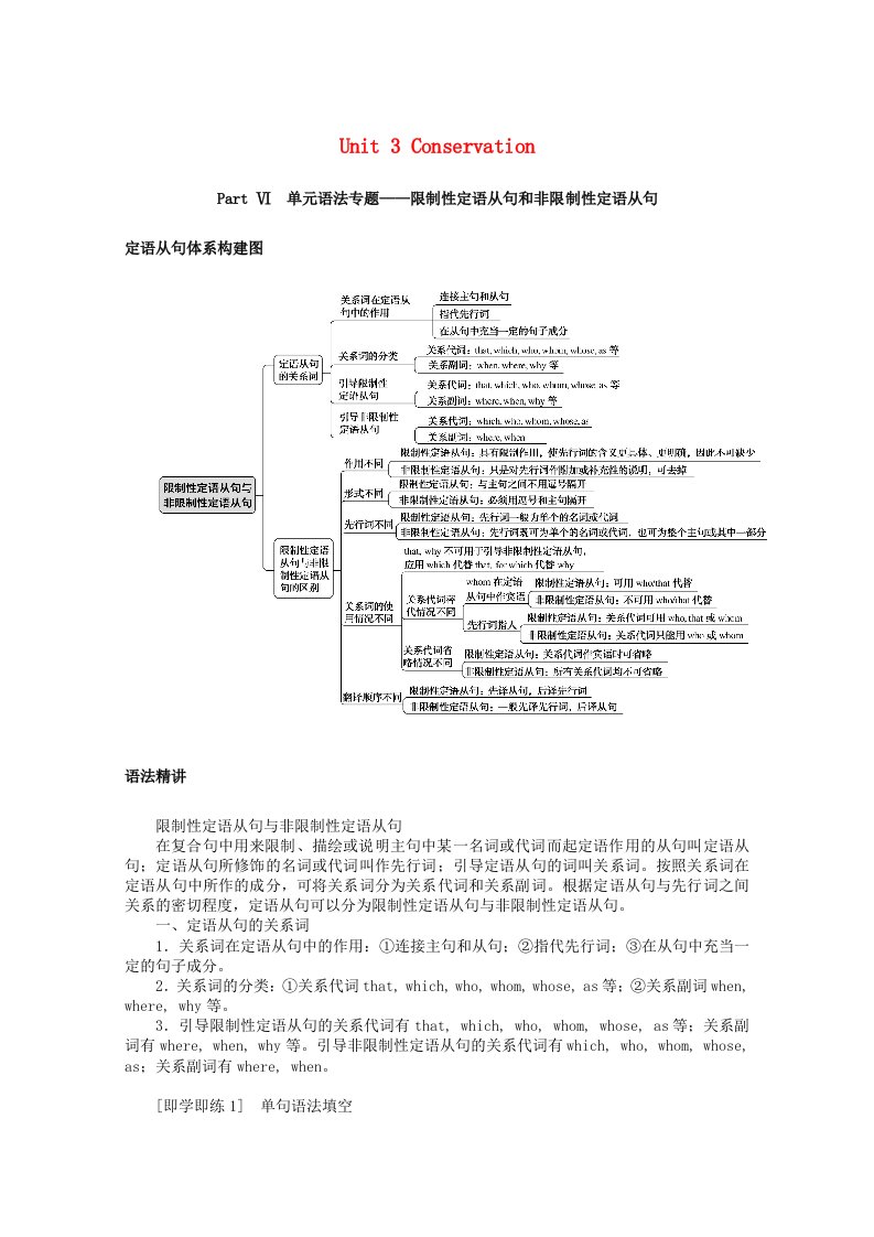 2021_2022学年新教材高中英语Unit3ConservationPartⅥ单元语法专题_限制性定语从句和非限制性定语从句学案北师大版选择性必修第一册