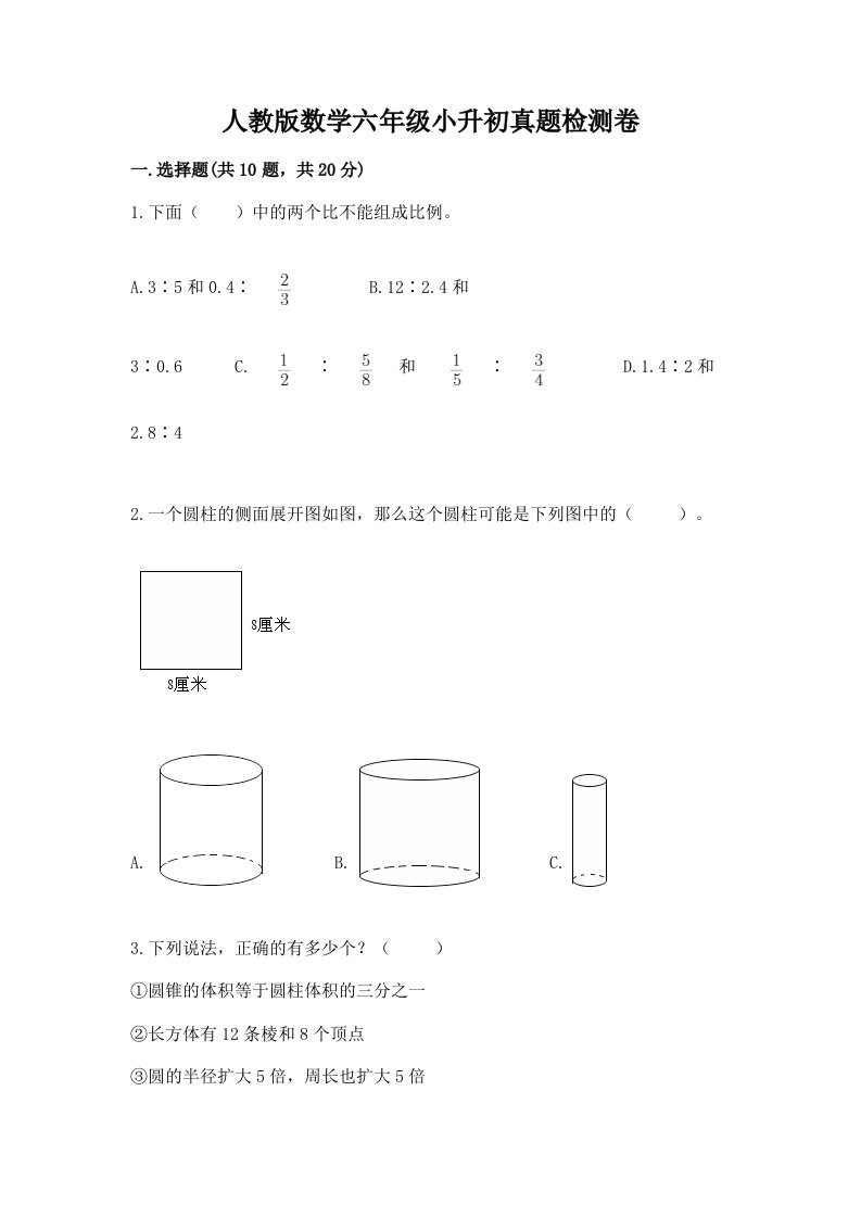 人教版数学六年级小升初真题检测卷精品（有一套）