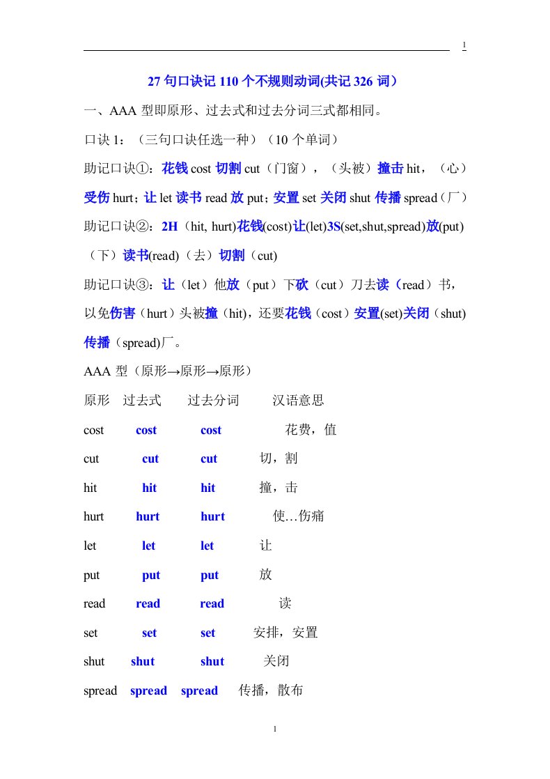 初中英语不规则动词过去式和过去分词（含110个不规则动词）