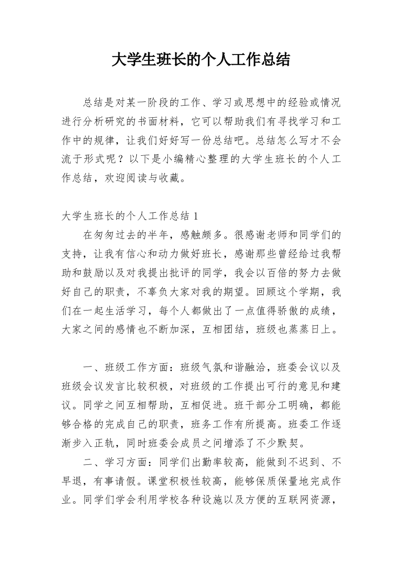 大学生班长的个人工作总结