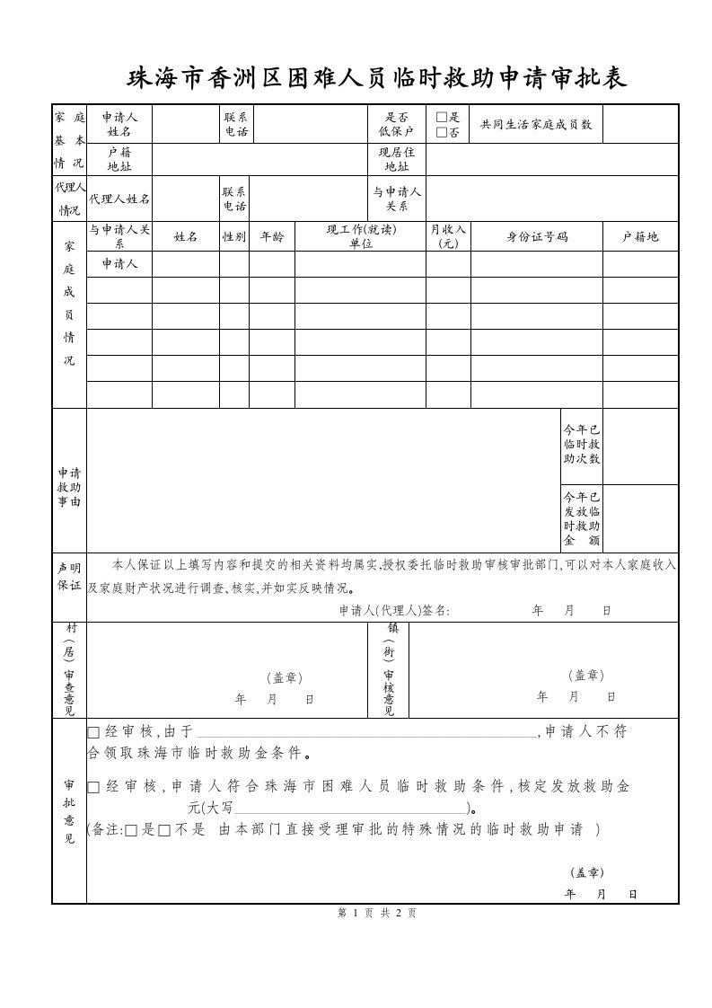 表格）珠海市困难人员临时救助申请审批表