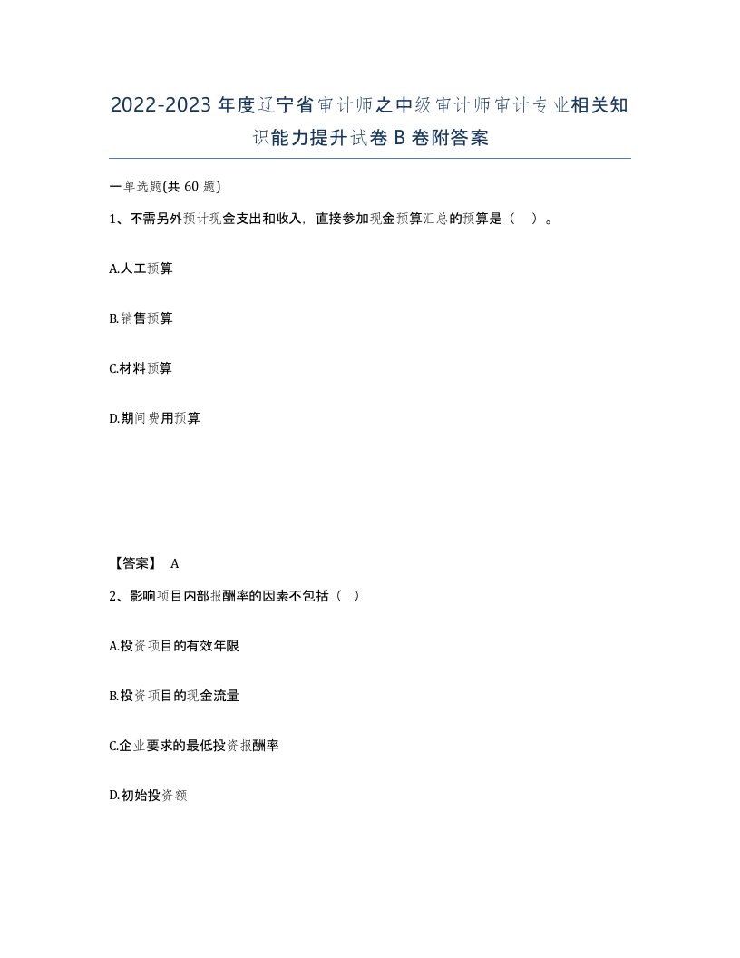 2022-2023年度辽宁省审计师之中级审计师审计专业相关知识能力提升试卷B卷附答案