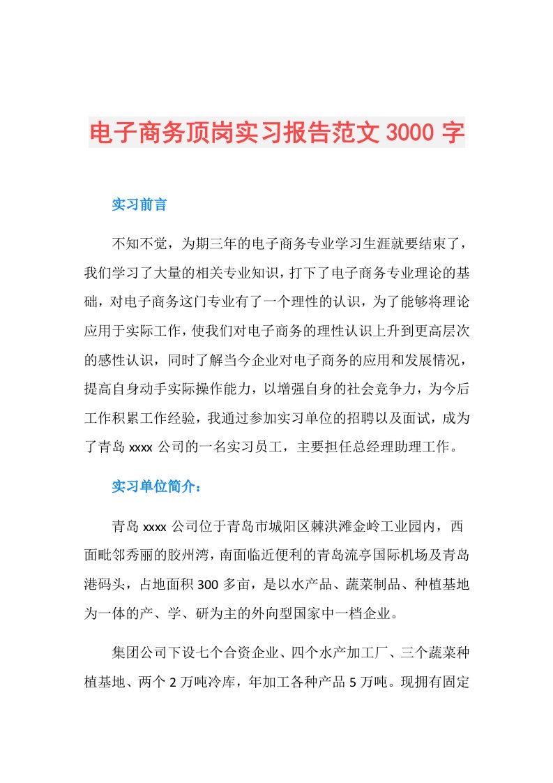 电子商务顶岗实习报告范文3000字