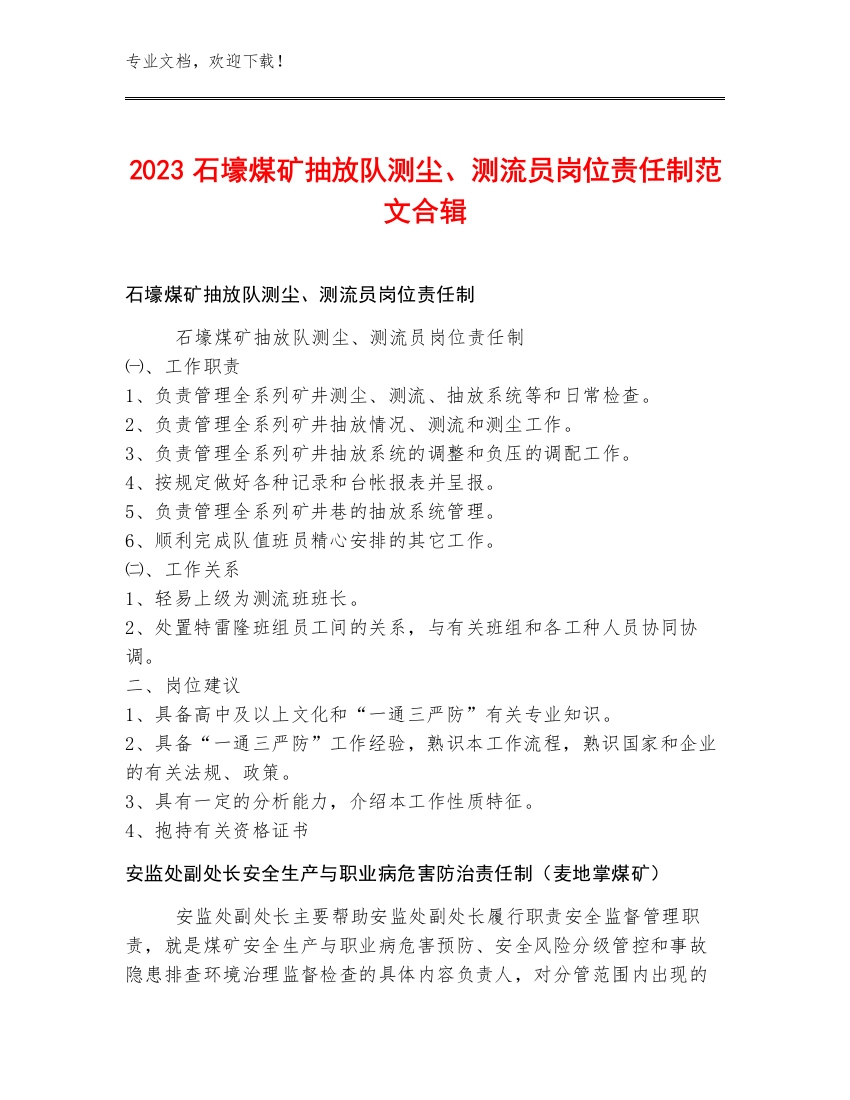 2023石壕煤矿抽放队测尘、测流员岗位责任制范文合辑