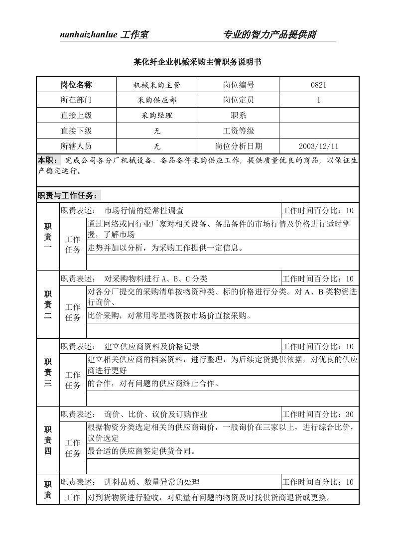 某化纤企业机械采购主管职务说明书