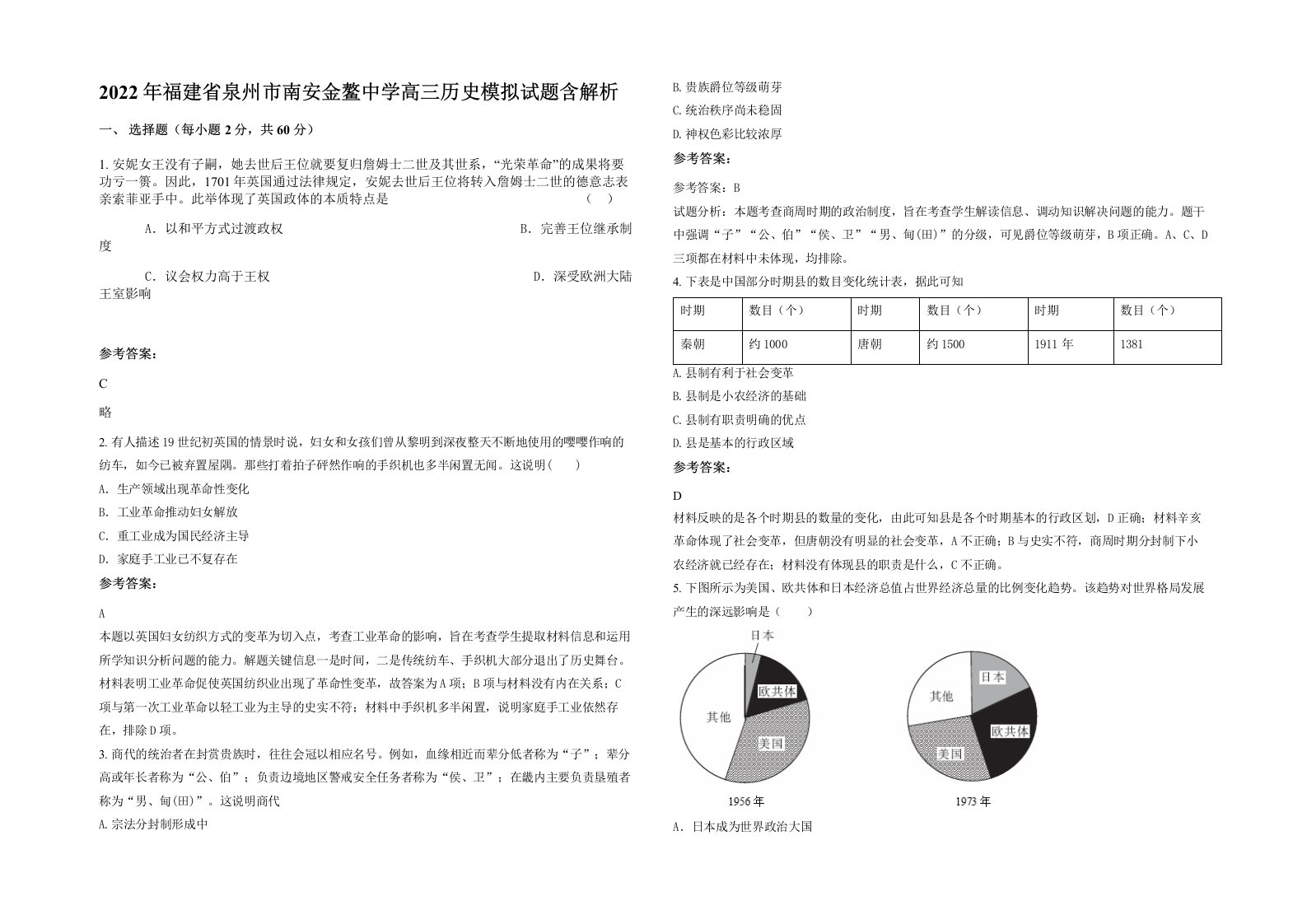 2022年福建省泉州市南安金鳌中学高三历史模拟试题含解析