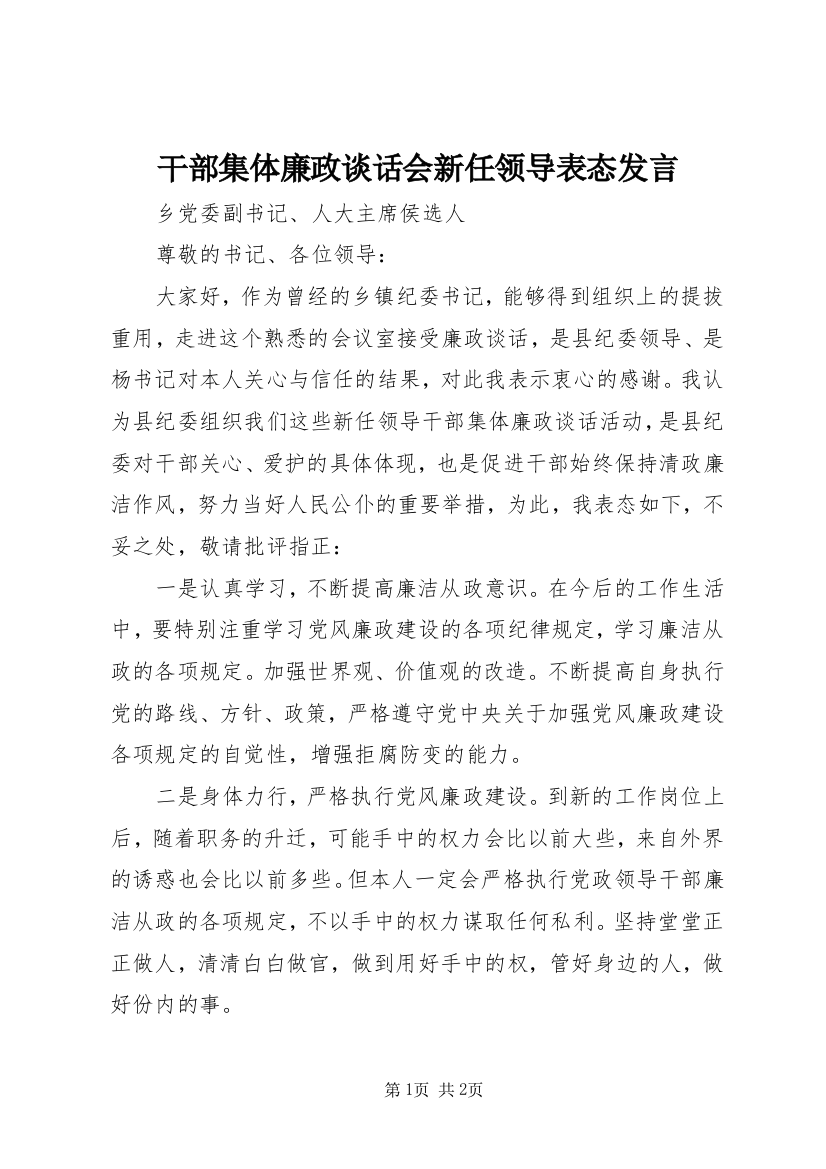 干部集体廉政谈话会新任领导表态发言