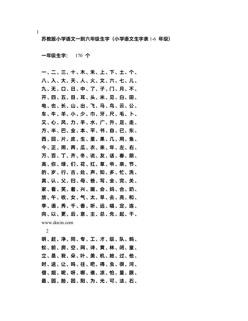 苏教版小学语文一到六年级生字