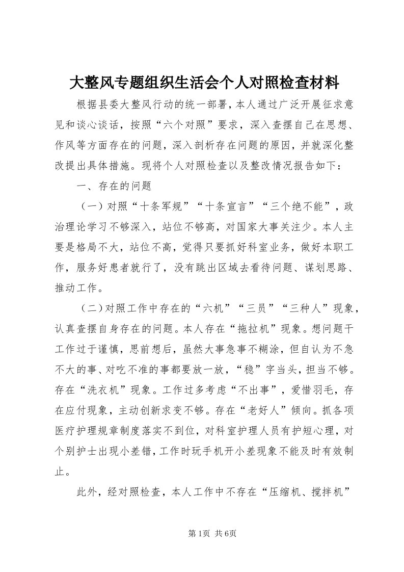 大整风专题组织生活会个人对照检查材料