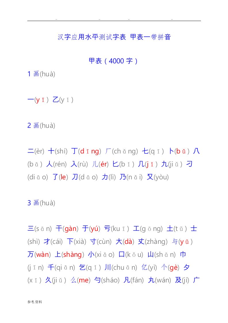 汉字应用水平测试字表甲表一带拼音