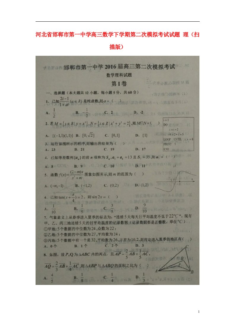 河北省邯郸市第一中学高三数学下学期第二次模拟考试试题