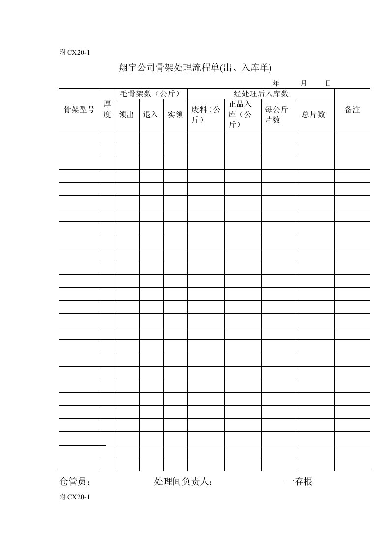 翔宇公司骨架处理流程单(出、入库单)