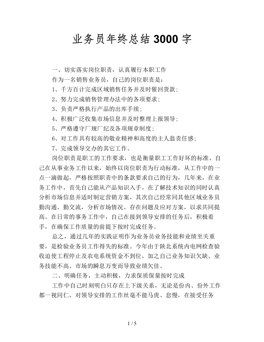 业务员年终总结3000字