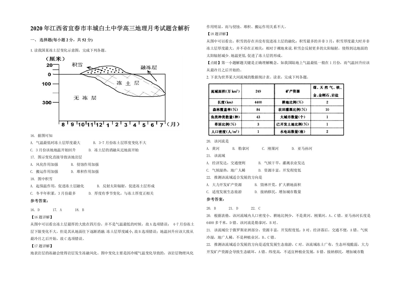 2020年江西省宜春市丰城白土中学高三地理月考试题含解析