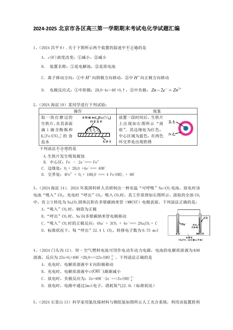 2024-2025北京市各区高三第一学期期末考试电化学试题汇编