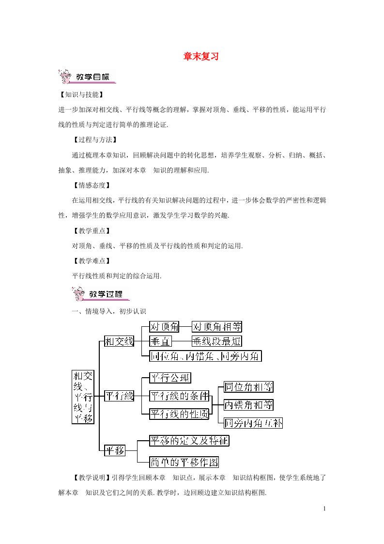 2023七年级数学下册第10章相交线平行线与平移章末复习教案新版沪科版