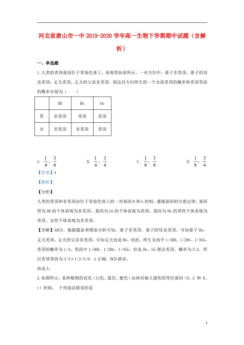 河北省唐山市一中2019_2020学年高一生物下学期期中试题含解析