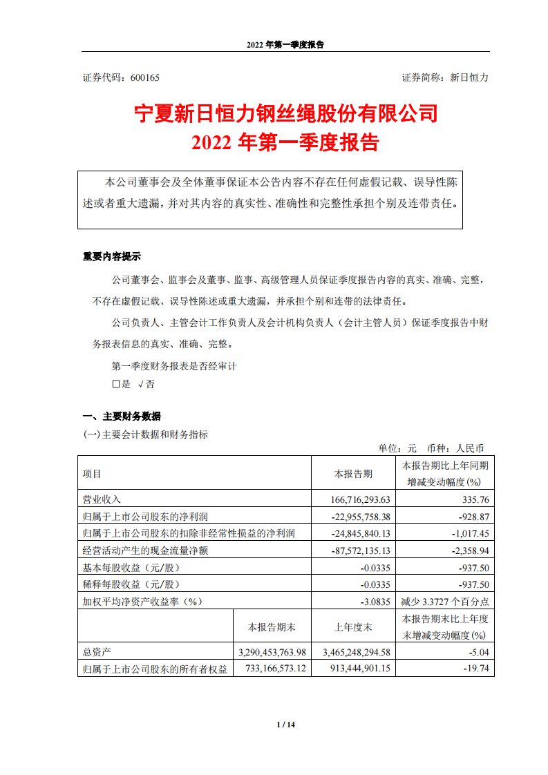 上交所-新日恒力2022年第一季度报告-20220429