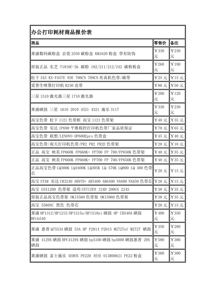 办公打印耗材商品报价表