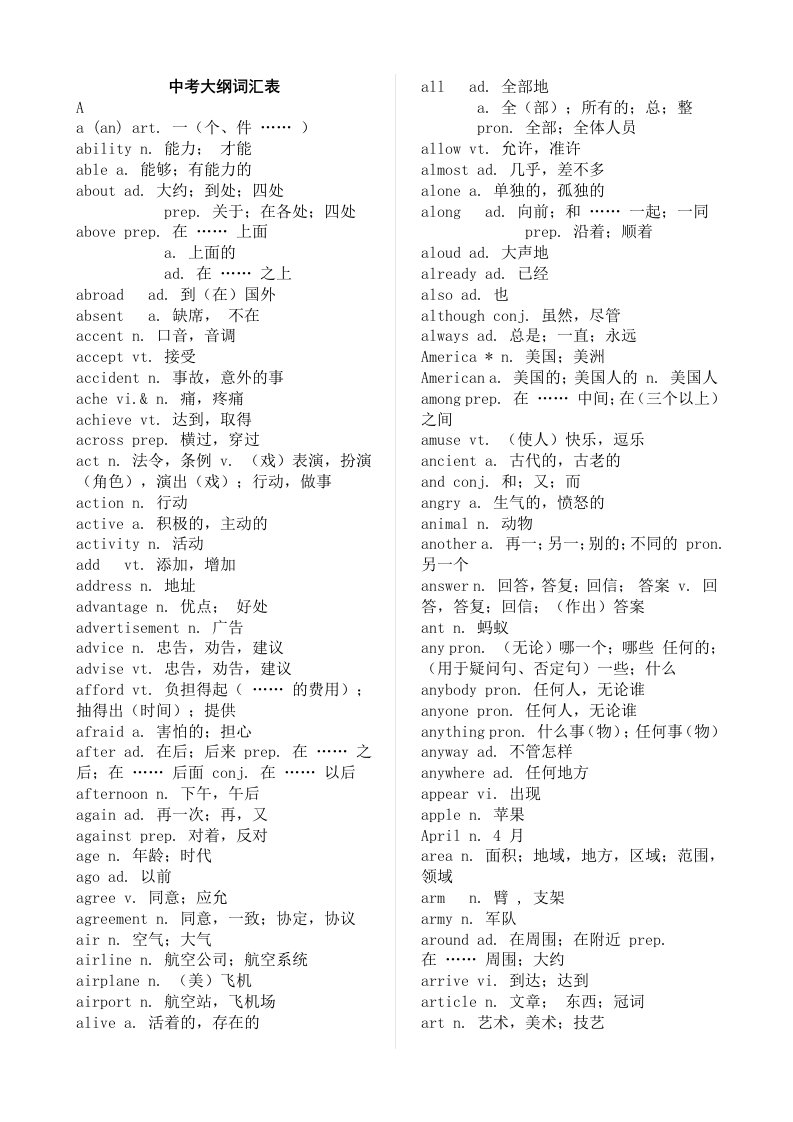 陕西中考英语大纲词汇表