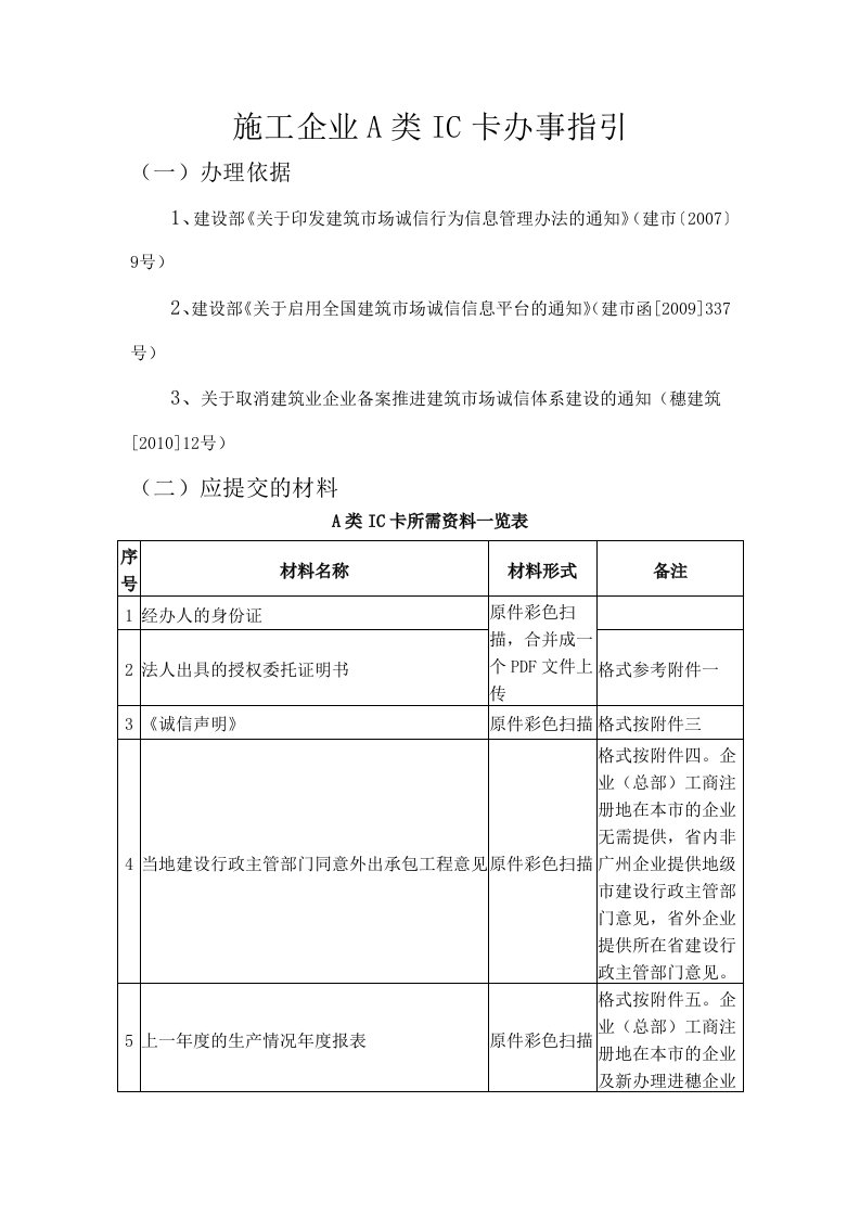 施工企业A类IC卡办事指引