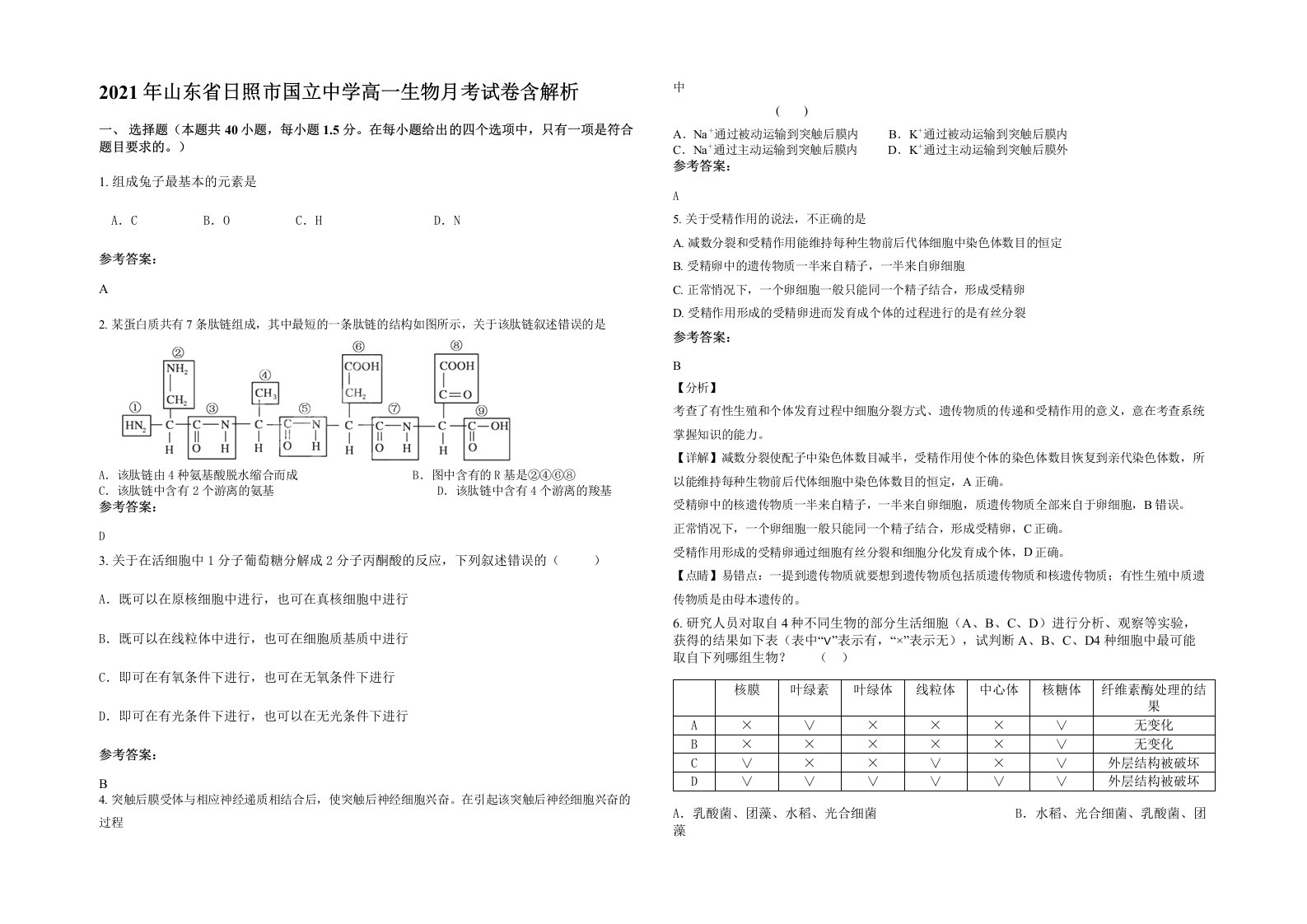 2021年山东省日照市国立中学高一生物月考试卷含解析