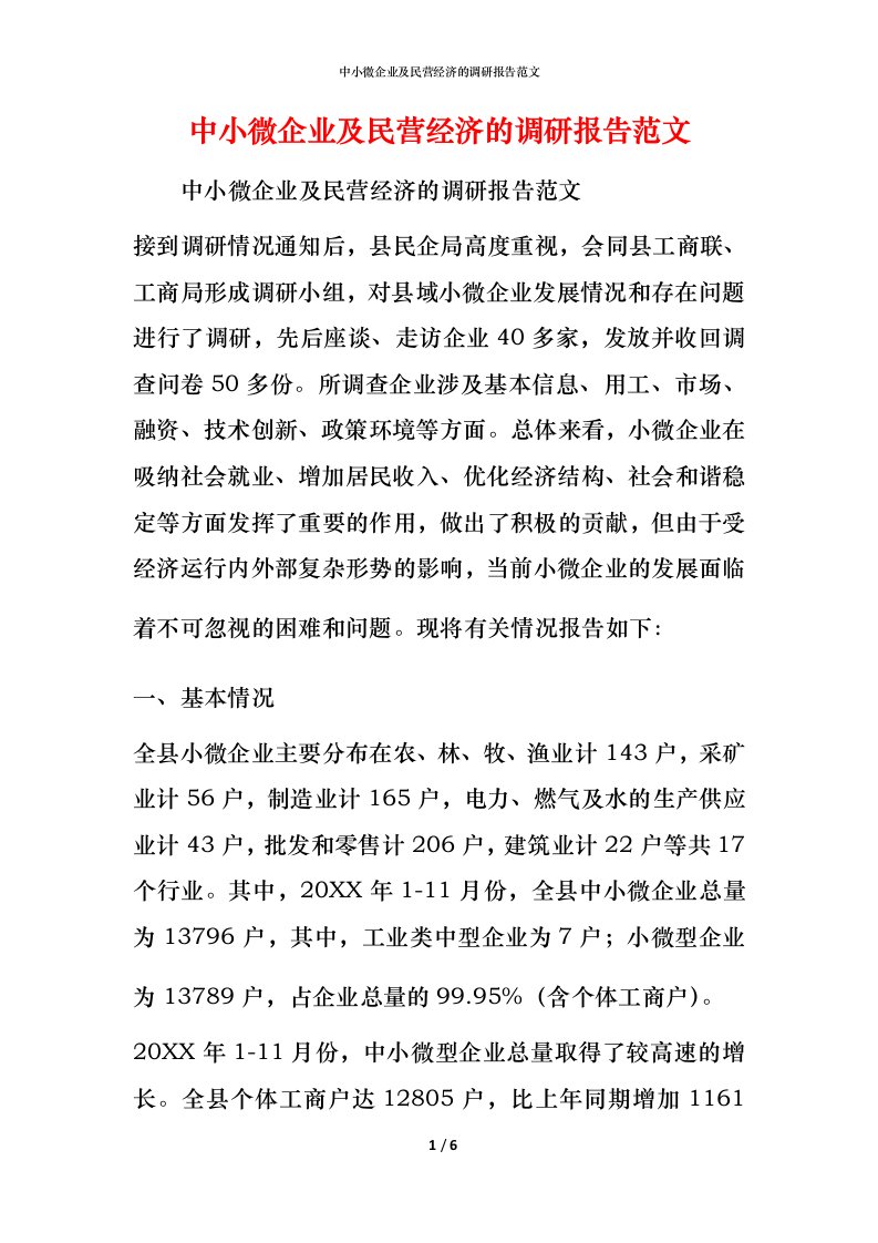 精编中小微企业及民营经济的调研报告范文