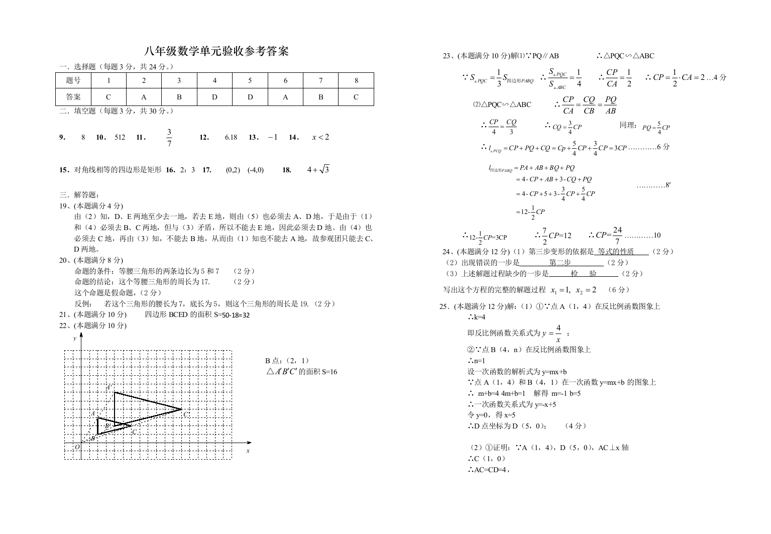 【小学中学教育精选】八年级数学单元验收试卷参考答案