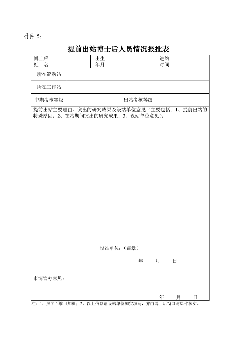 提前出站博士后人员情况报批表