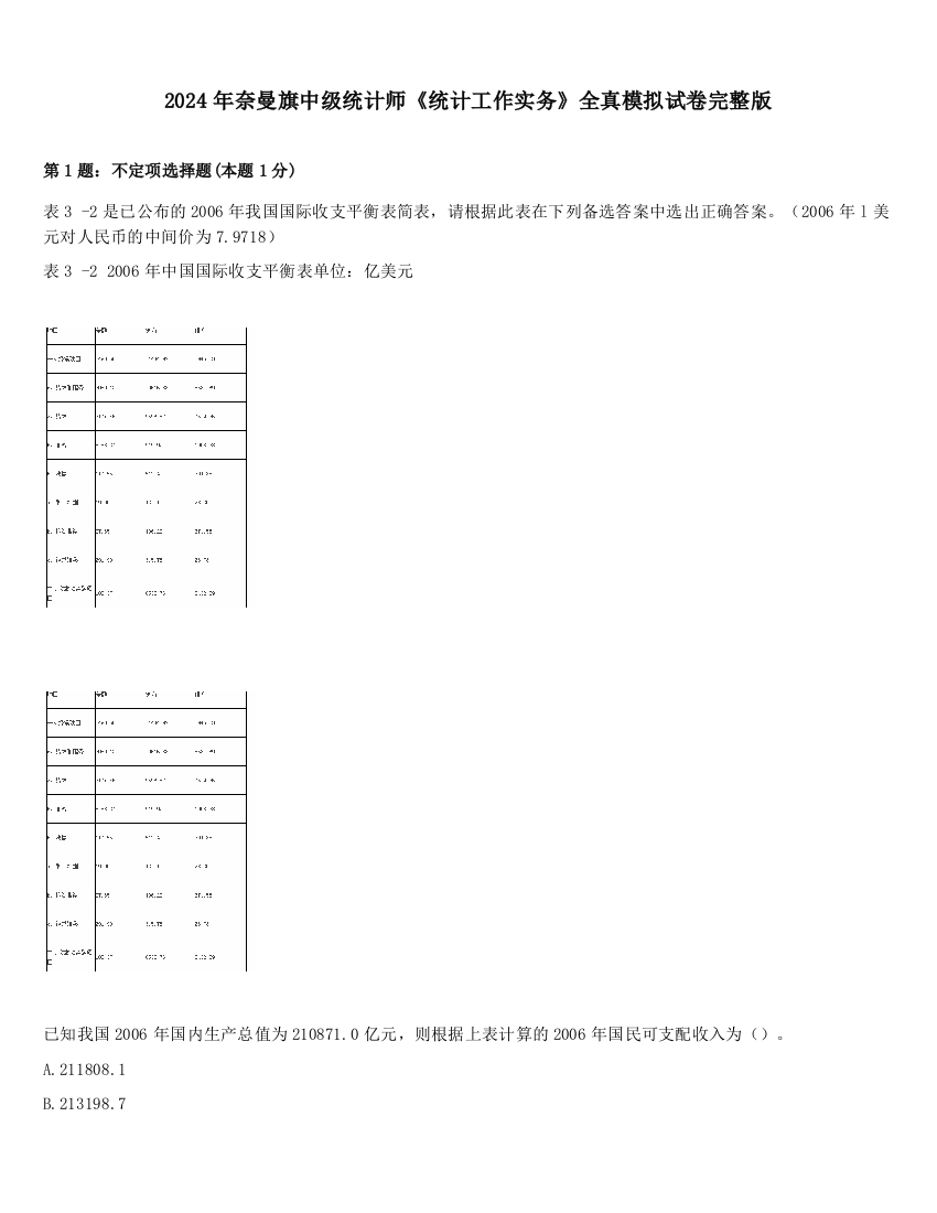 2024年奈曼旗中级统计师《统计工作实务》全真模拟试卷完整版