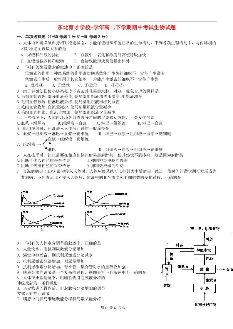 辽宁省东北育才学校高二生物下学期期中考试试题新人教版