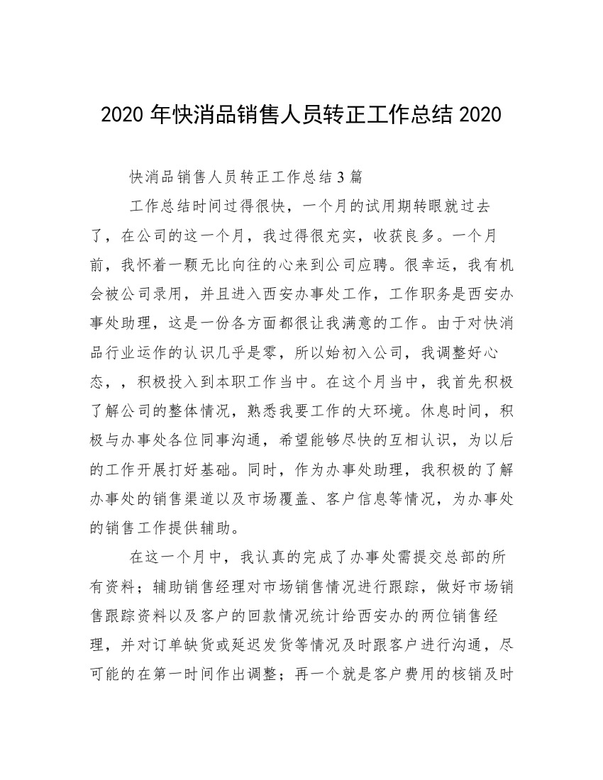 2020年快消品销售人员转正工作总结2020