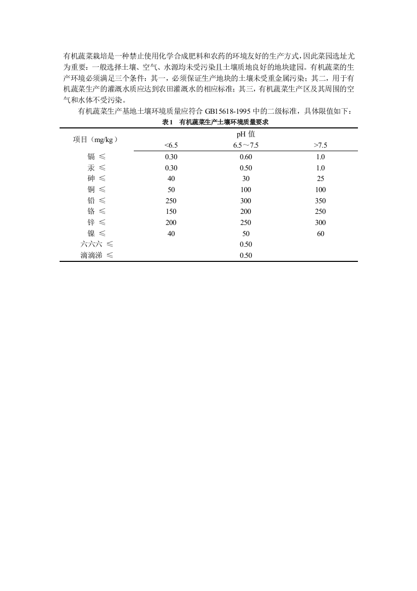 有机蔬菜生产的水土指标