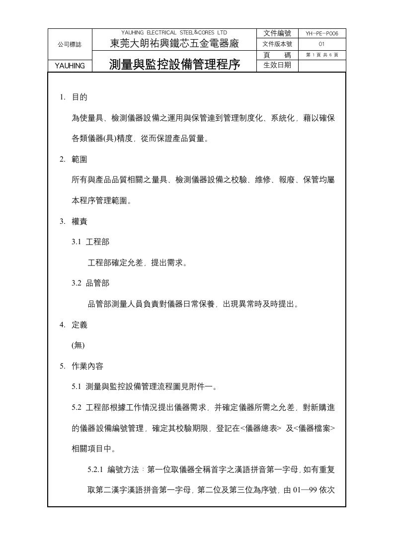 台资企业的整套ISO9001标准范本测量与监控设备控制程序-生产制度表格