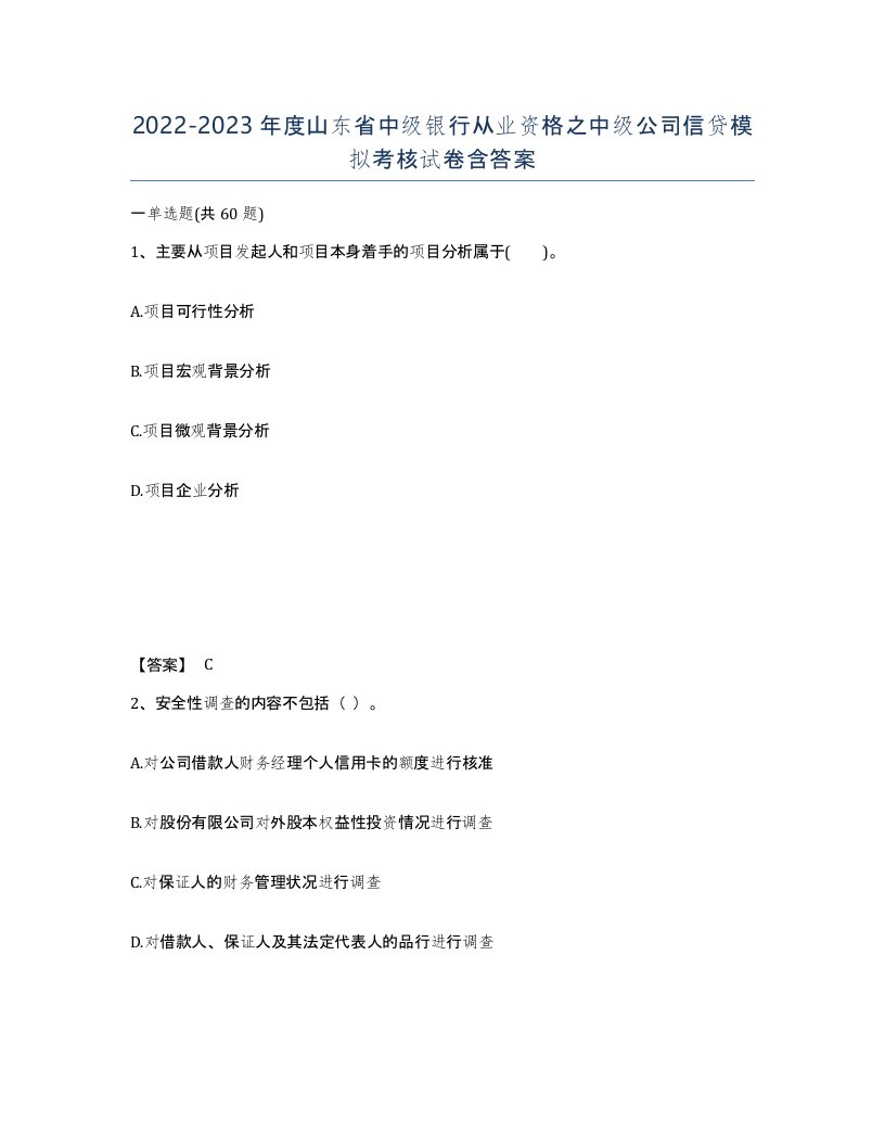 2022-2023年度山东省中级银行从业资格之中级公司信贷模拟考核试卷含答案