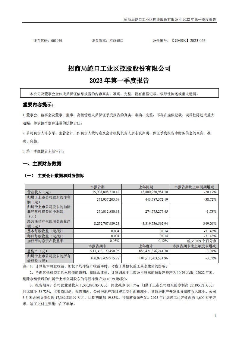 深交所-招商蛇口：2023年一季度报告-20230422