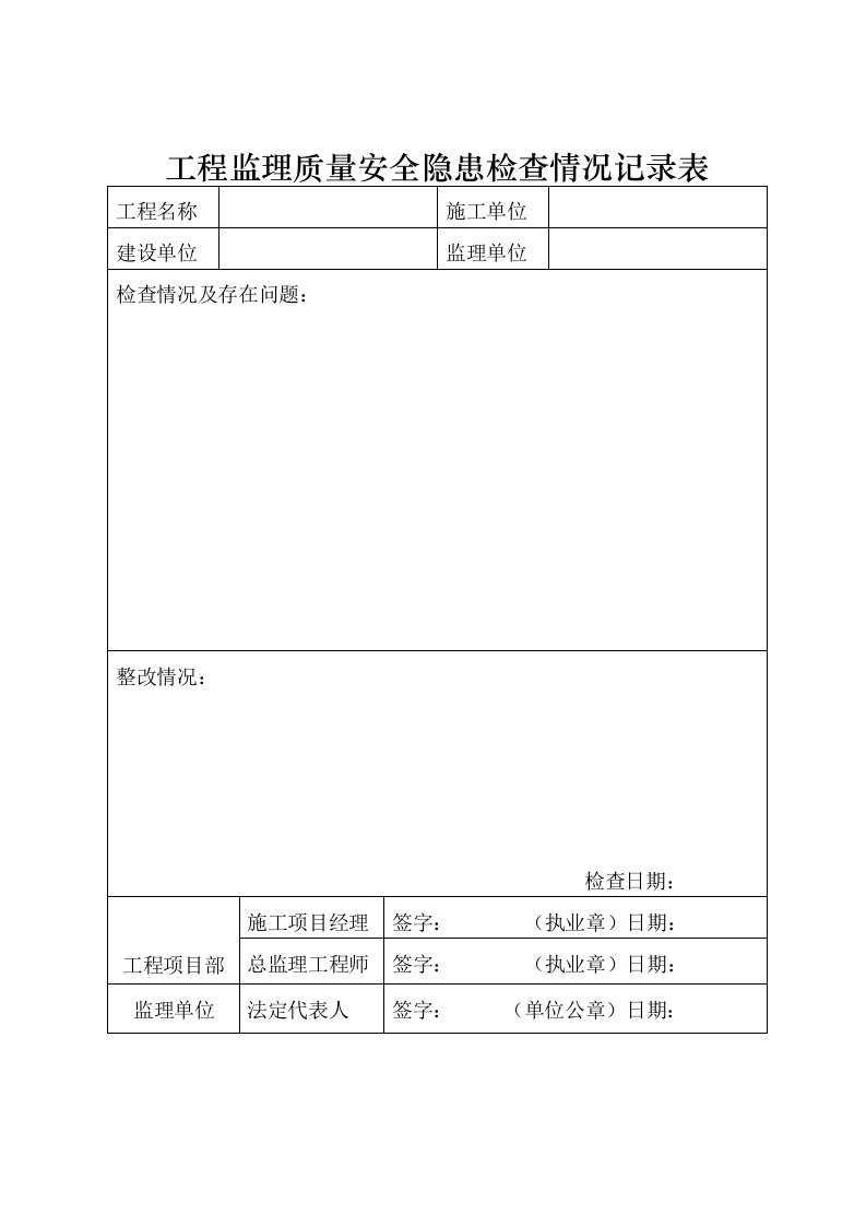 工程监理质量安全隐患检查情况记录表