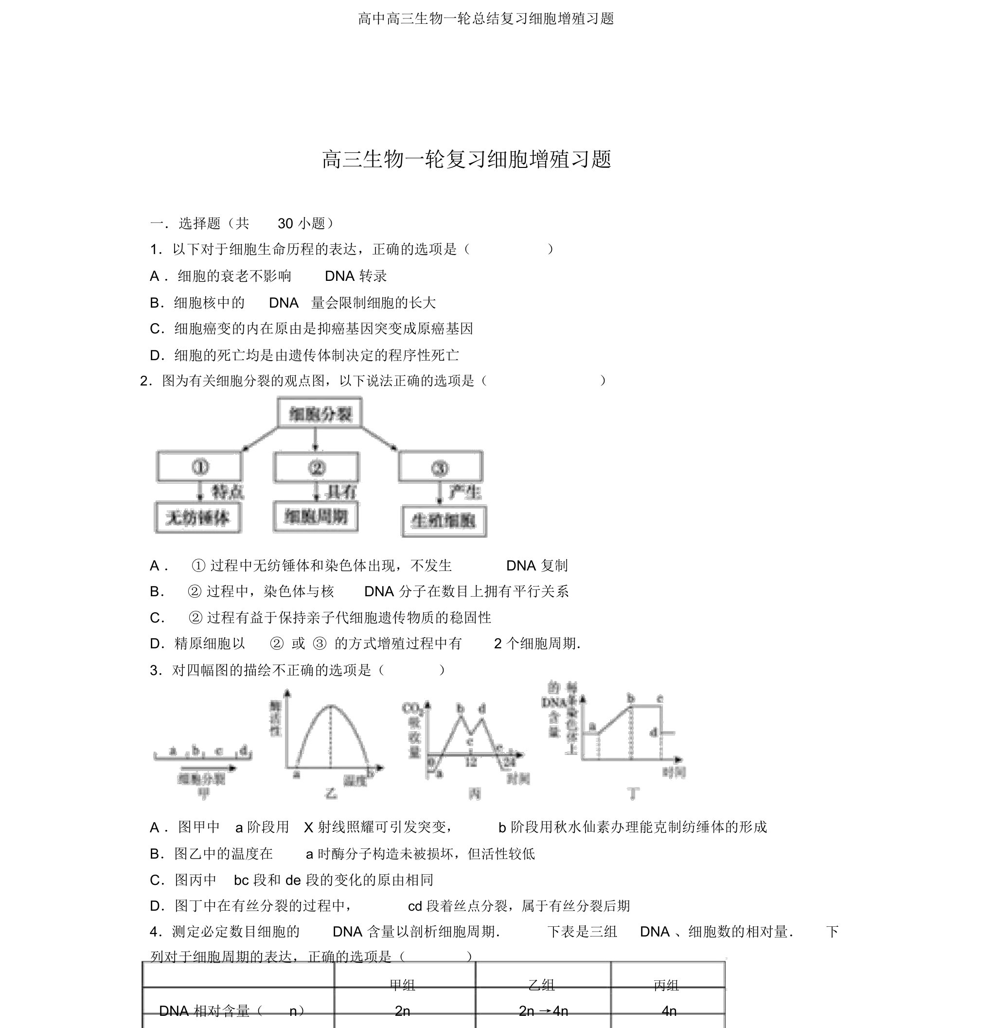 高中高三生物一轮总结复习细胞增殖习题