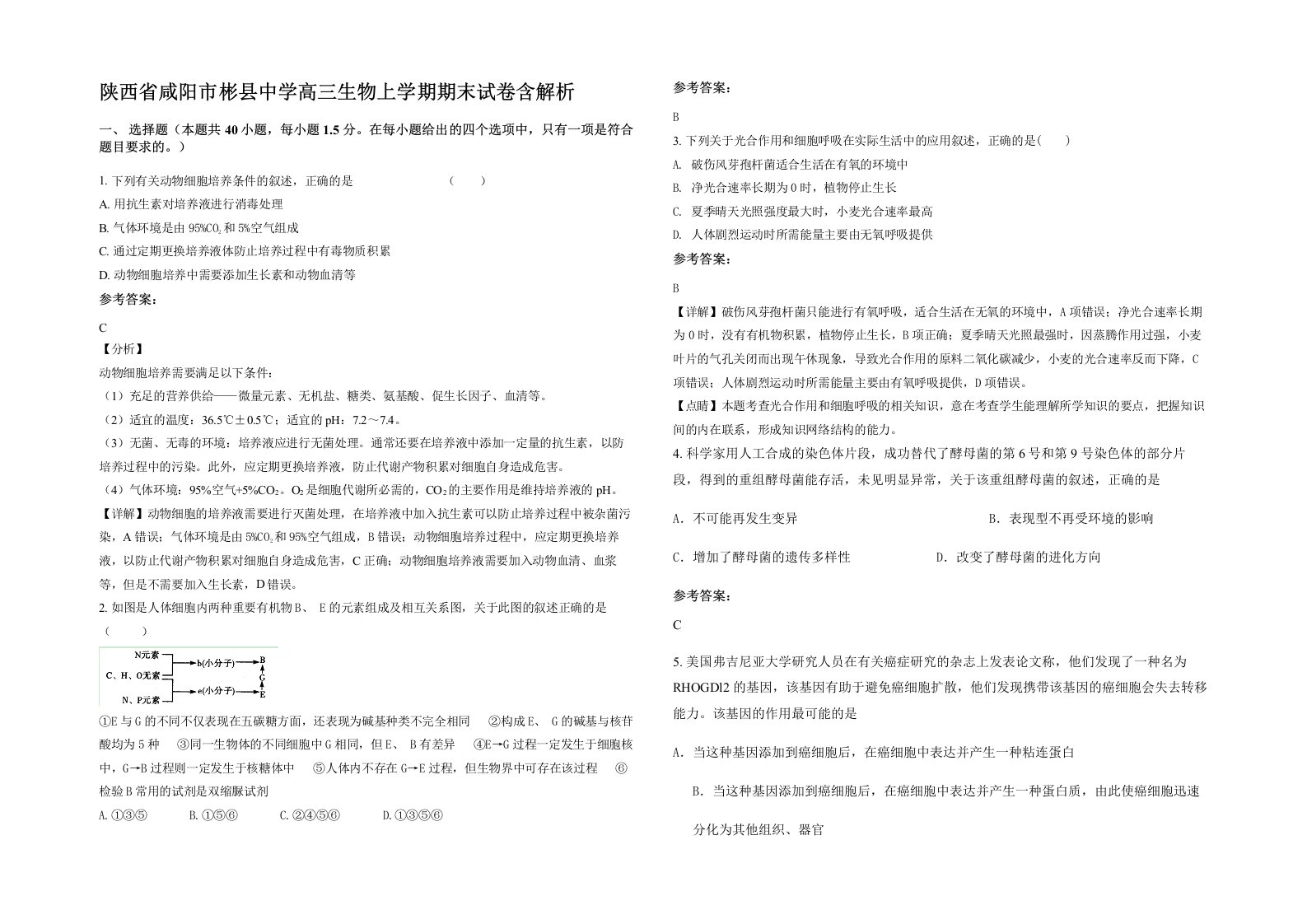 陕西省咸阳市彬县中学高三生物上学期期末试卷含解析