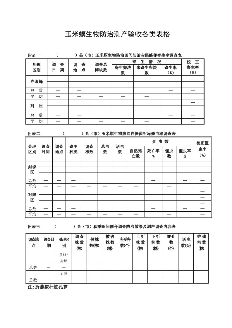 玉米螟生物防治测产验收各类表格