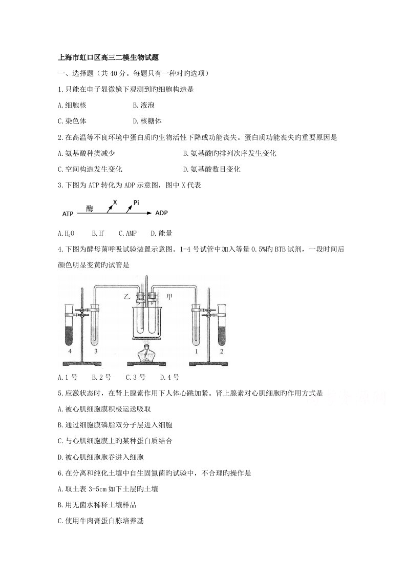 上海市虹口区高三二模生物试题版含答案